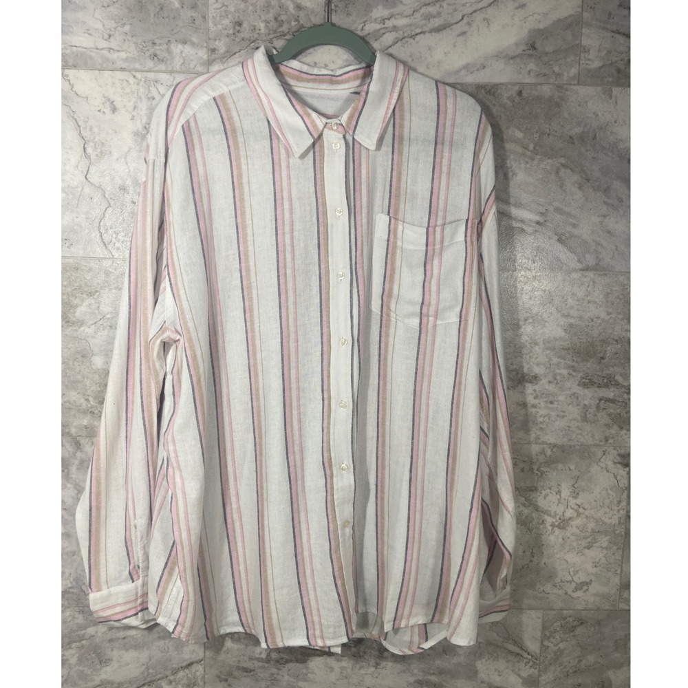 GAP Women's Striped Linen Blend Button Down Shirt Size XL Pink White Beige